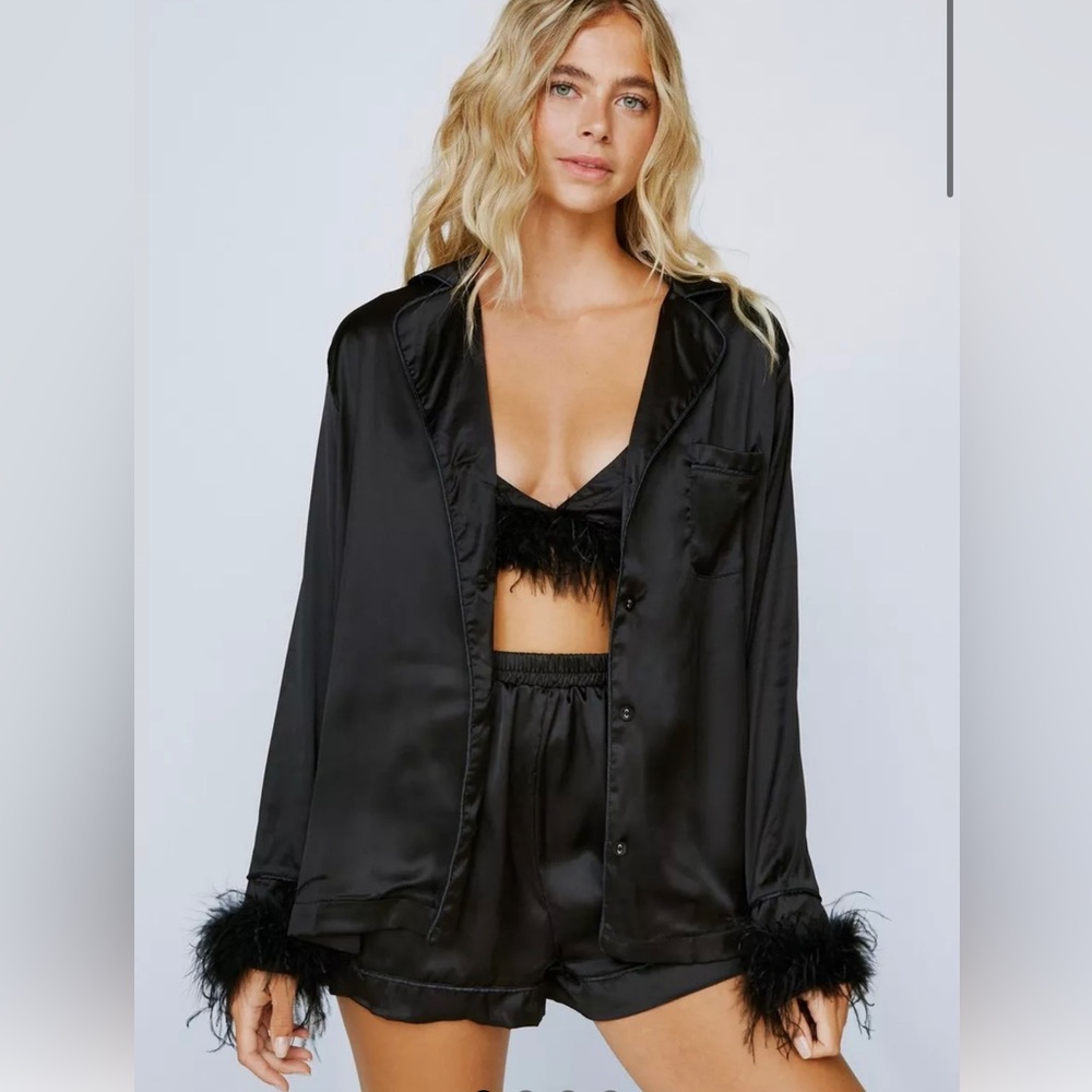 Feather Trim 3 Piece Short Pajama Set